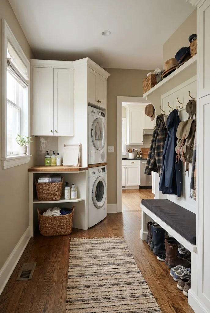 Compact laundry zone integrated into an organized family mudroom.