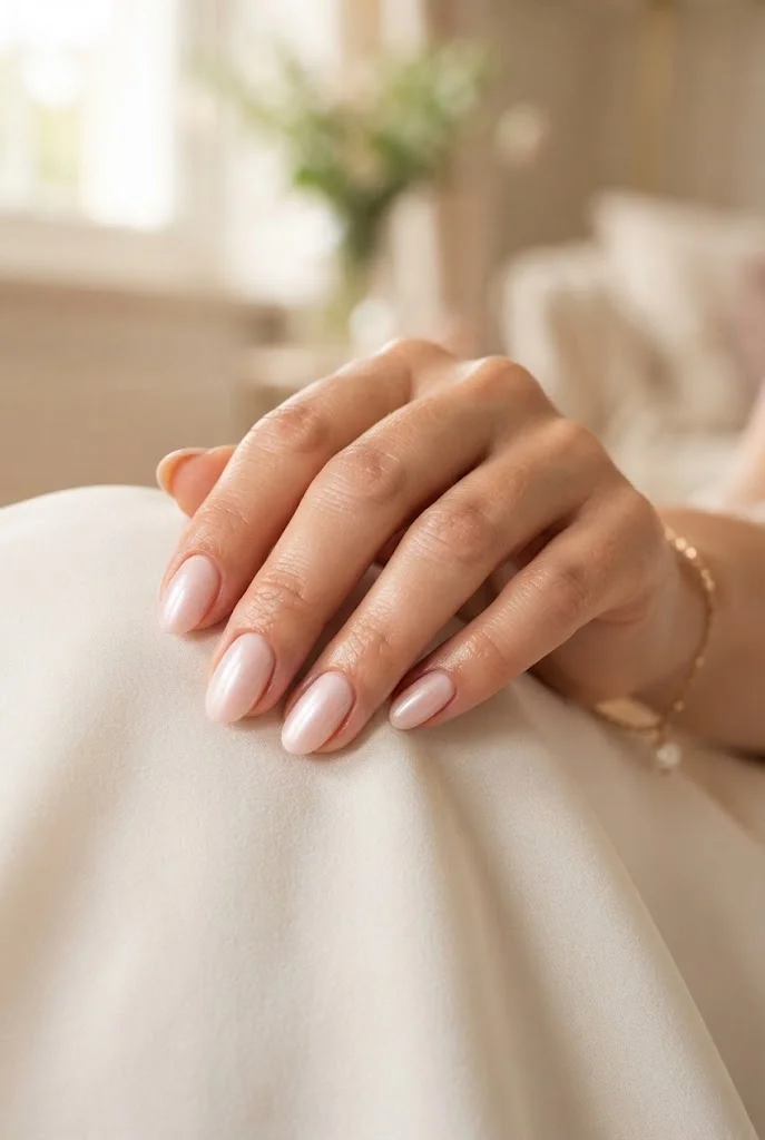 Creamy soft pink pearl nails with a delicate luminous finish.
