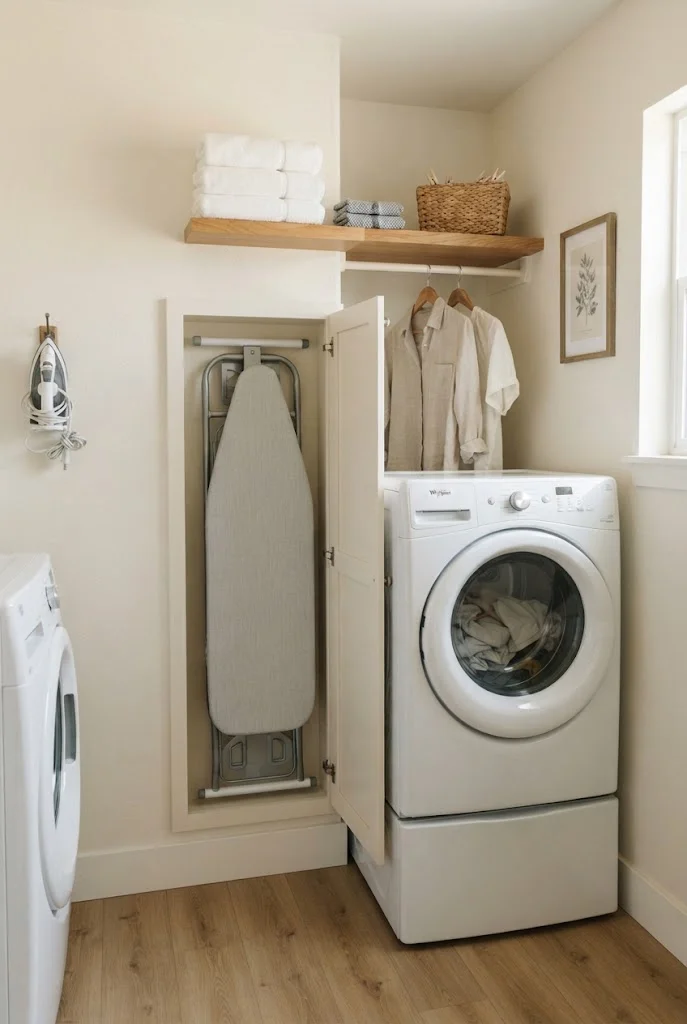 Fold-away ironing board mounted inside a compact laundry room wall cabinet.