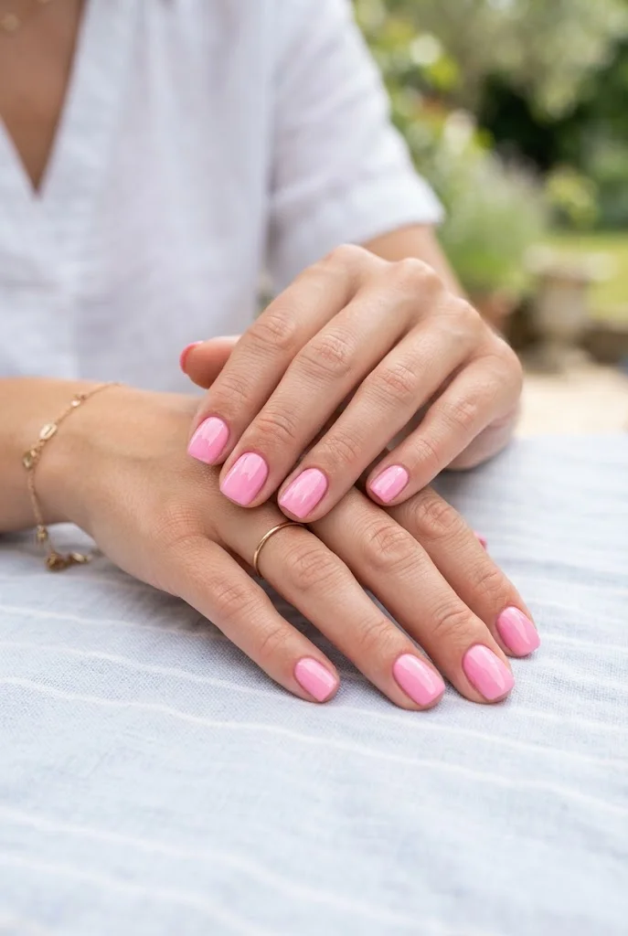 Glossy cotton-candy pink square nails with a bright summer finish.