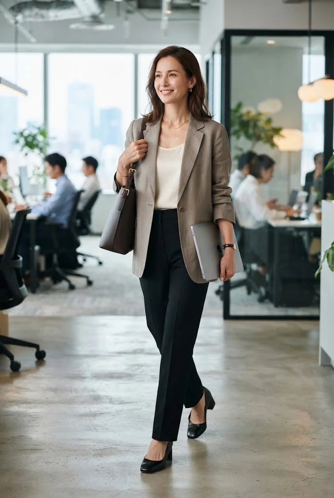 Lightweight taupe blazer styled with an ivory shell and straight-leg trousers.
