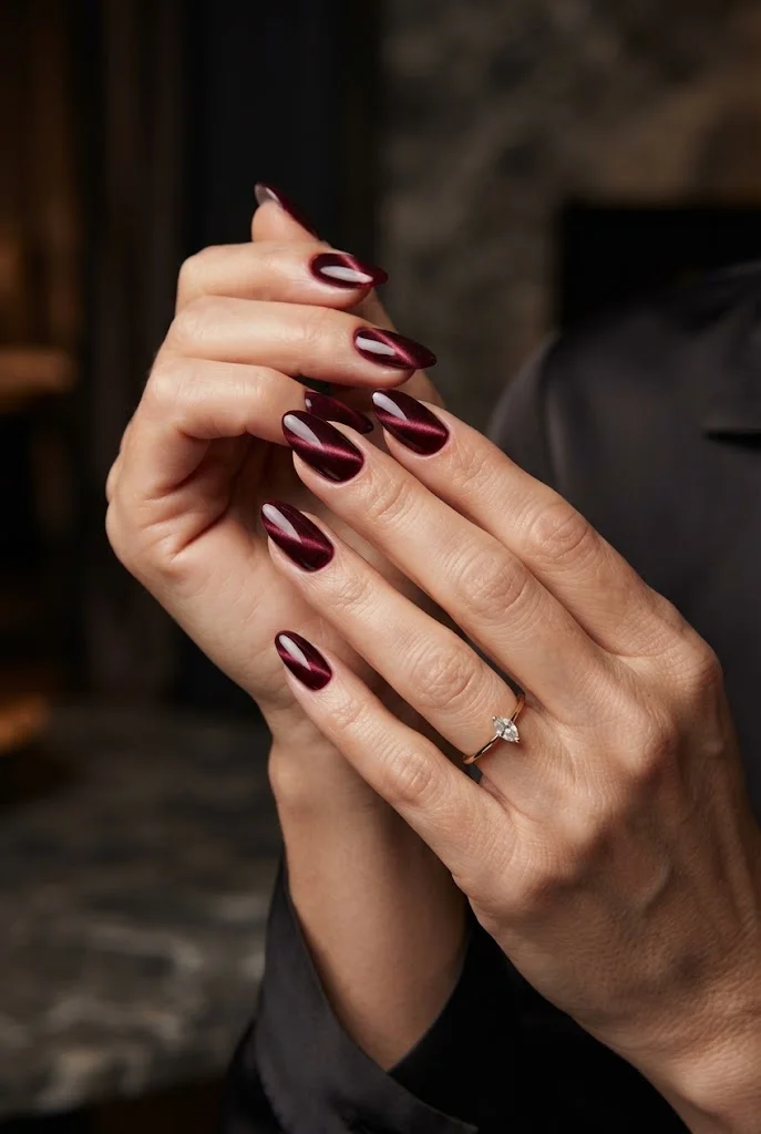Maroon Cat-Eye Nails