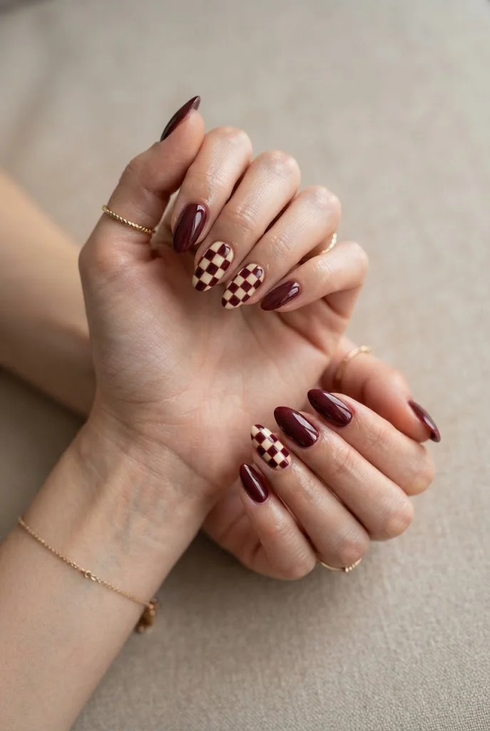 Maroon Checkerboard Nails