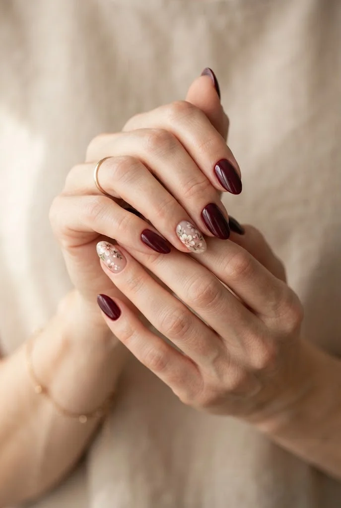 Maroon Floral Nail Art