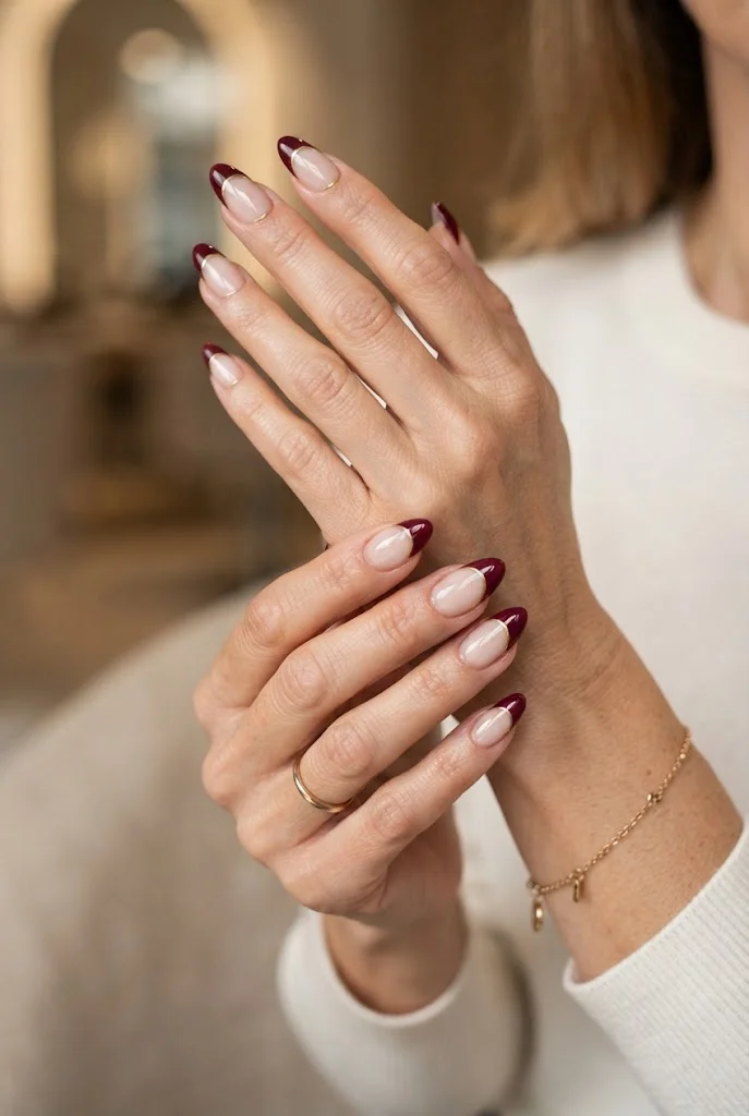 Maroon French Tip With Gold Line