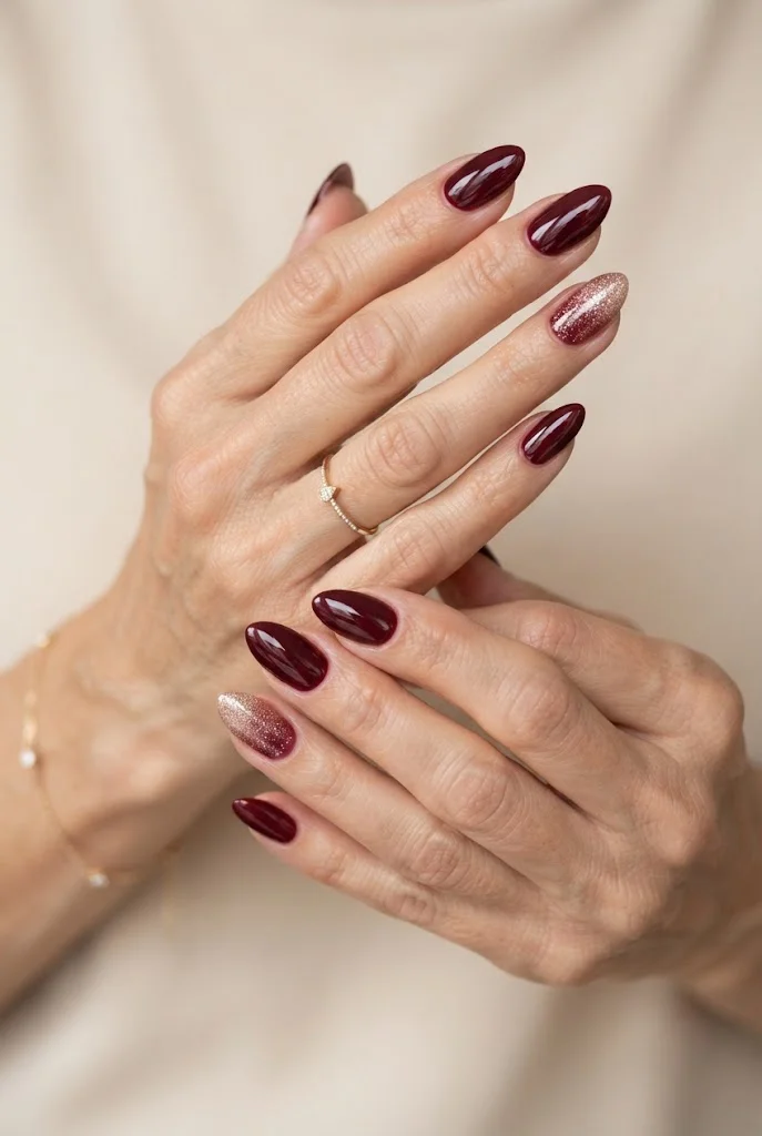 Maroon Glitter Accent Nails