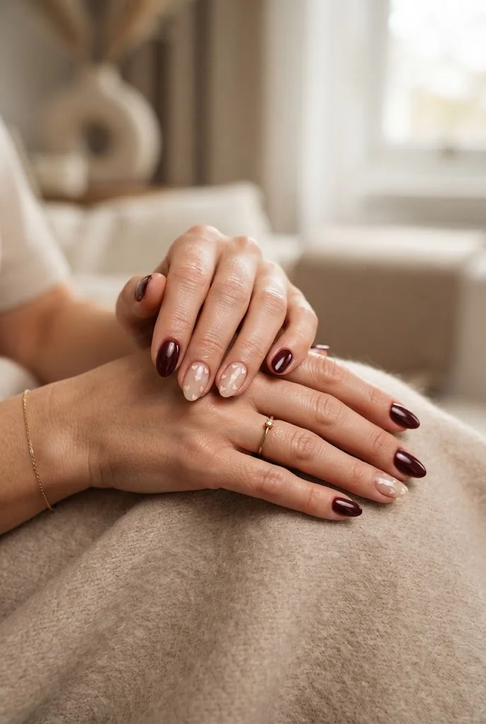 Maroon Nails With Tiny Hearts