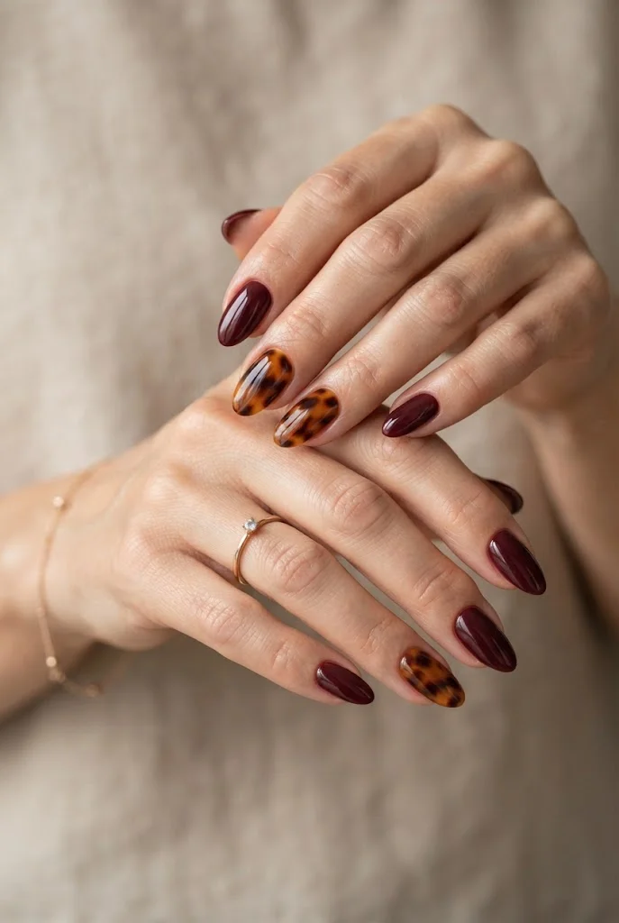 Maroon Tortoiseshell Accent Nails