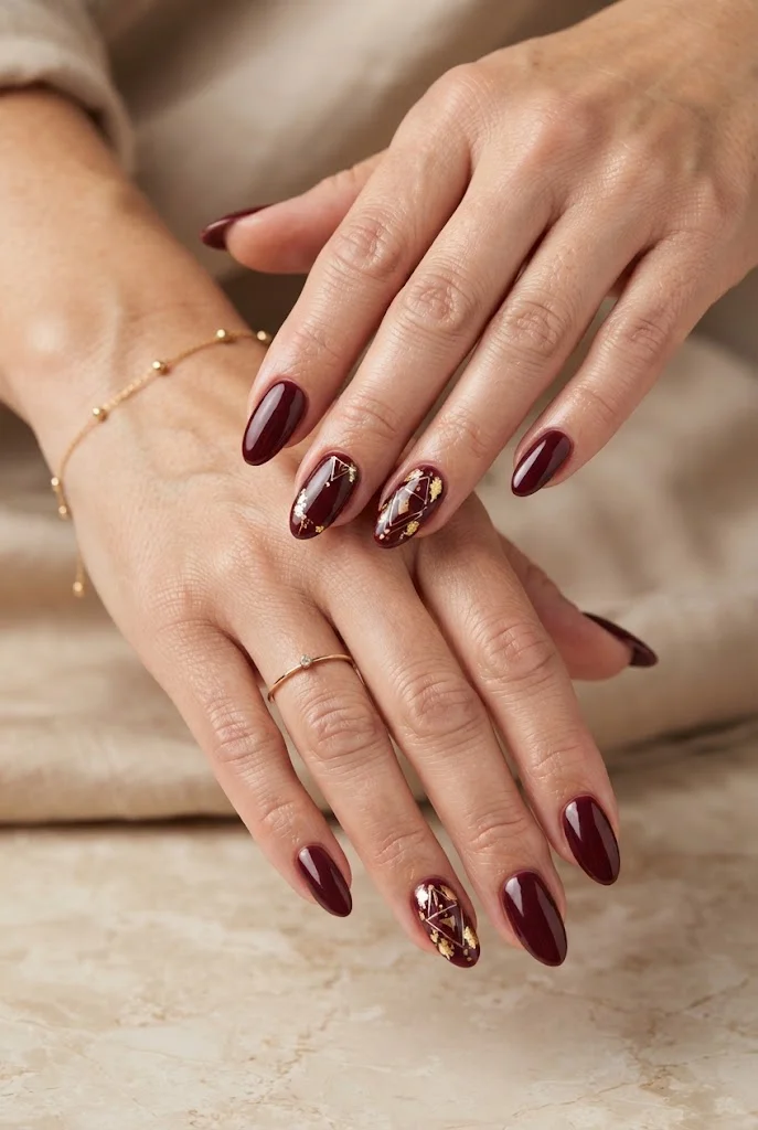 Maroon and Gold Accent Nails
