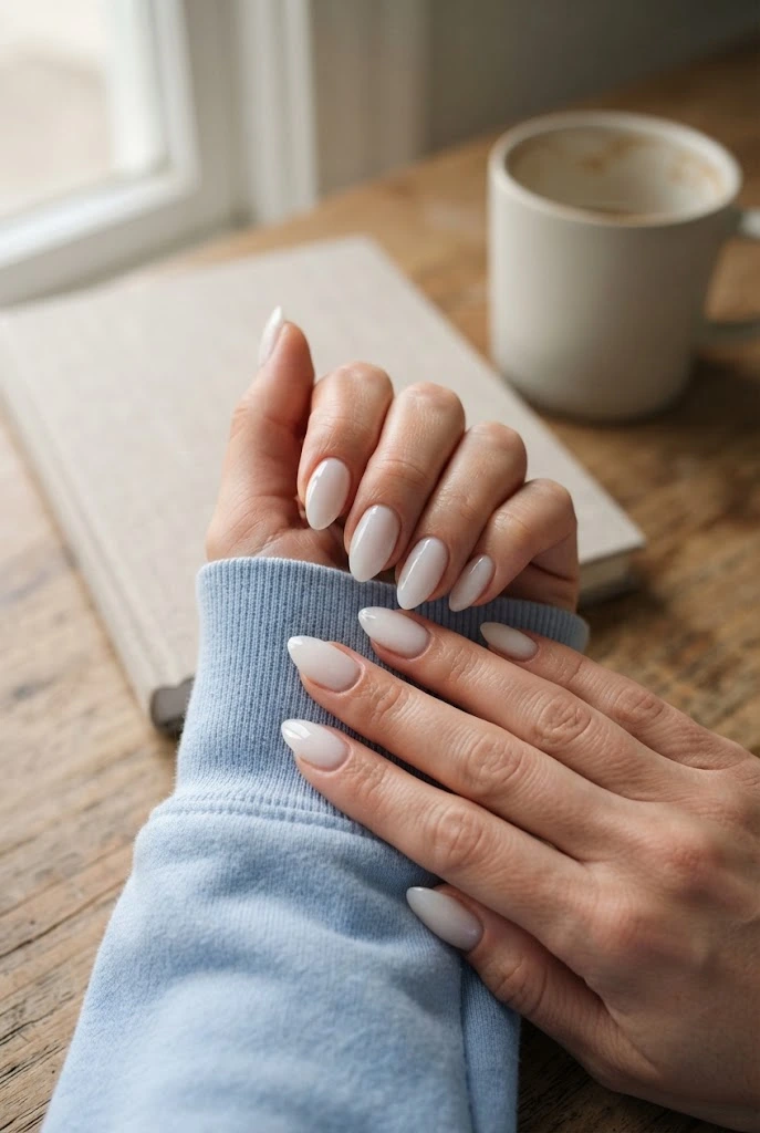 Medium almond nails with a glossy semi-sheer milky white manicure.