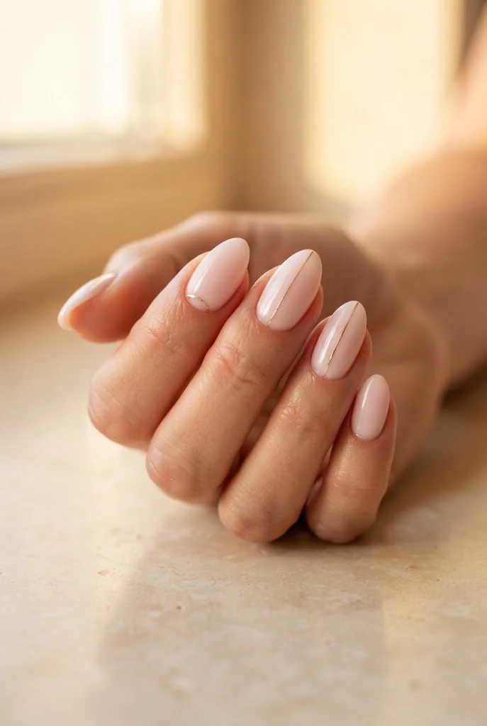 Milky pink almond nails with minimalist gold line accents.