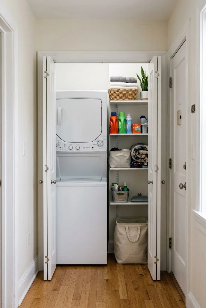 Narrow laundry closet with stacked washer and dryer and vertical storage.