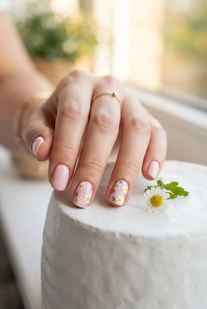 Pastel pink nails decorated with tiny white daisy flowers for summer.