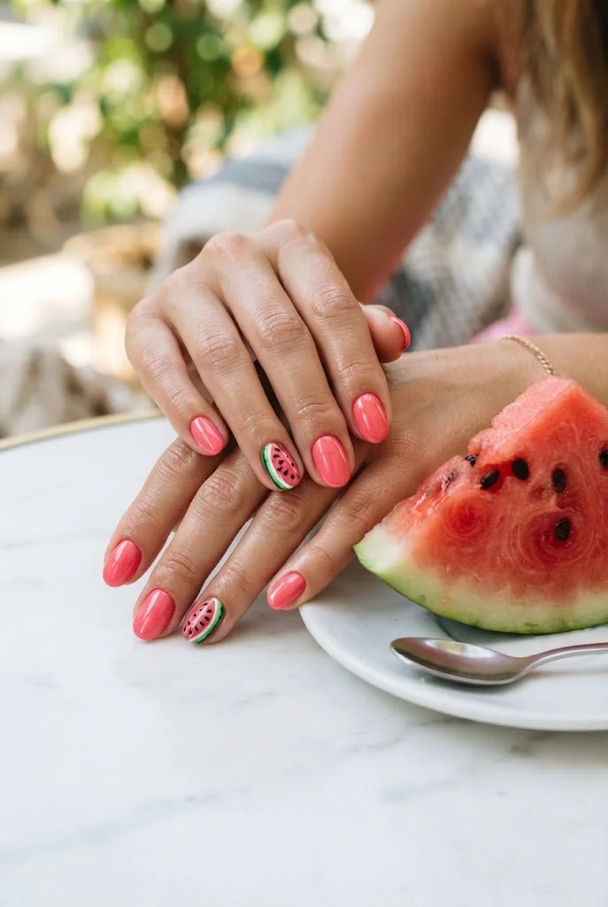 Pink summer nails with tiny watermelon-inspired green and seed details.