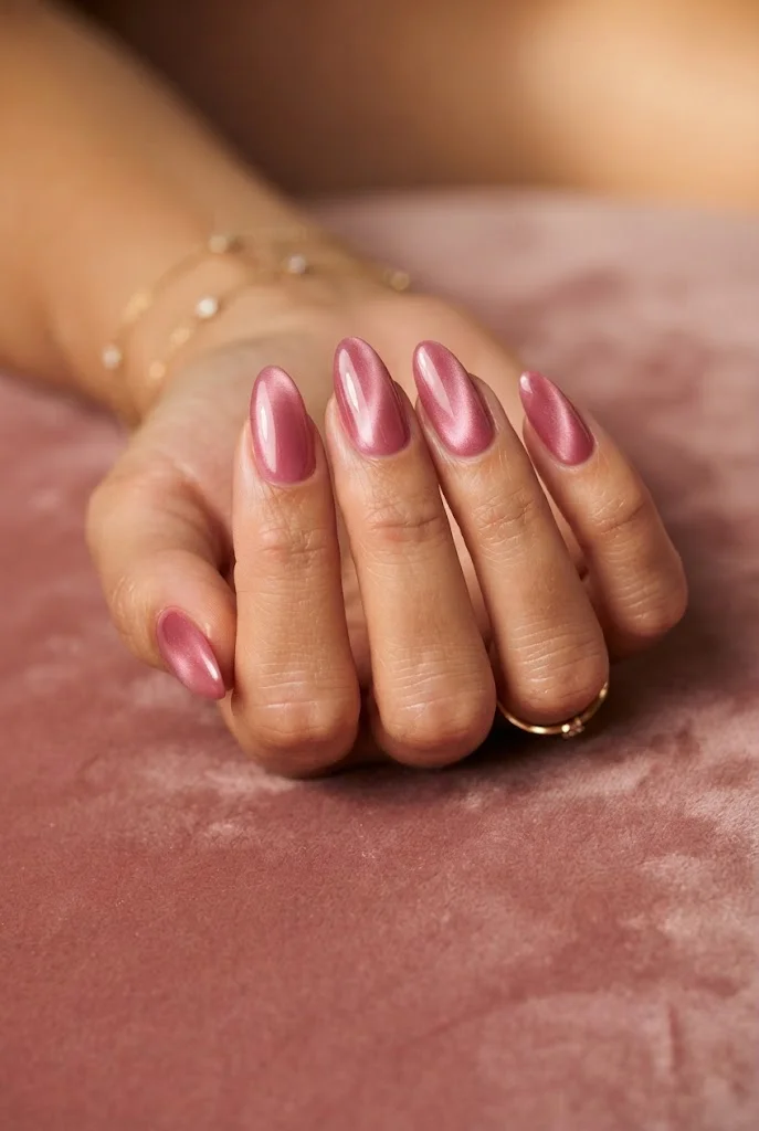 Rosy pink almond nails with a dimensional cat-eye shimmer finish.