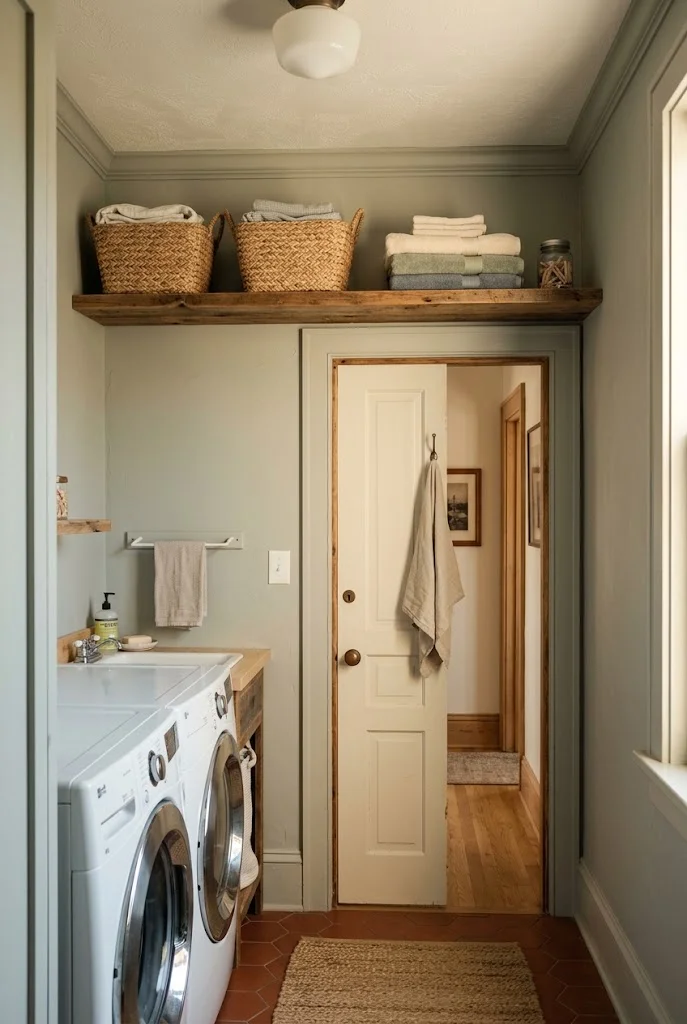 Shallow storage shelf above the door in a compact laundry room.