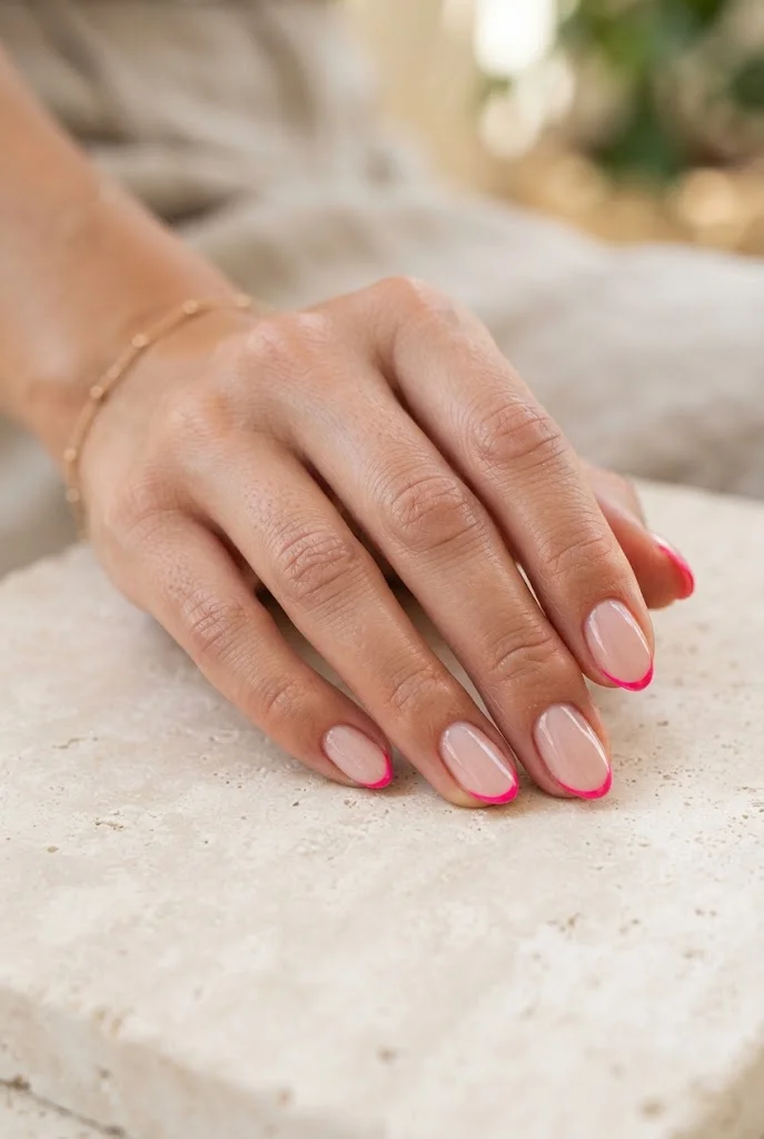 Sheer pink almond nails with thin hot pink micro French tips.