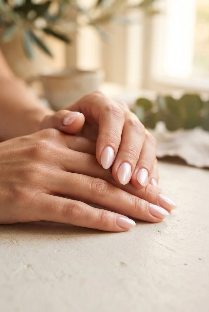 Sheer pink glazed nails with a soft pearlescent summer finish.