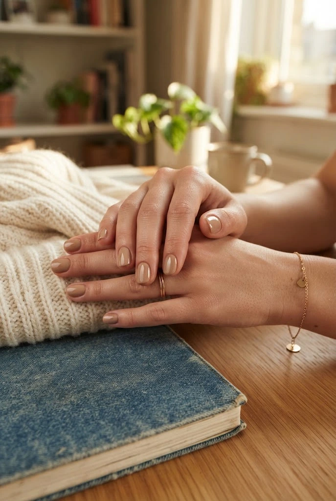 Short rounded nails painted in a warm glossy beige nude shade.