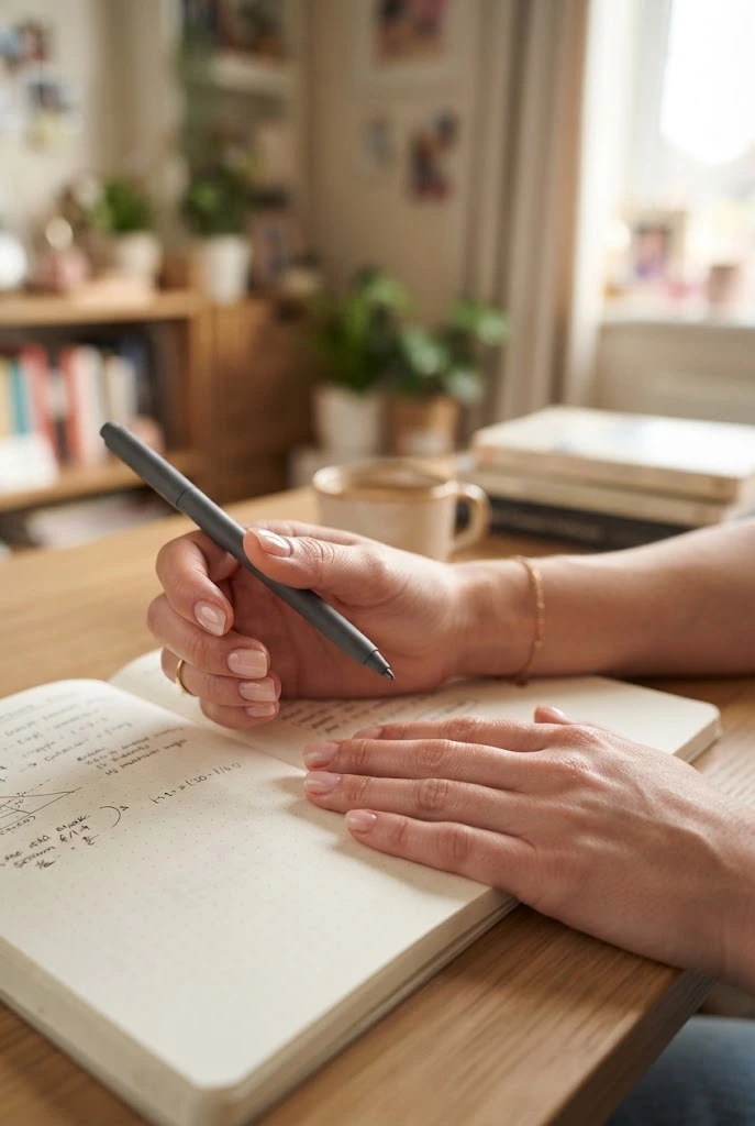 Short squoval nails with a sheer blush-pink glossy manicure beside a notebook.