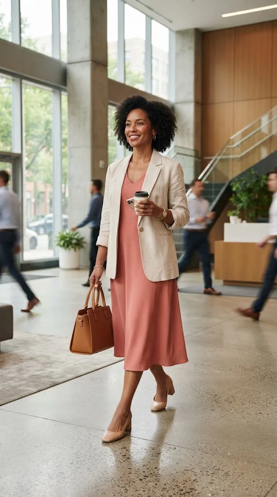 Sleeveless coral midi dress layered with a lightweight beige blazer for the office.