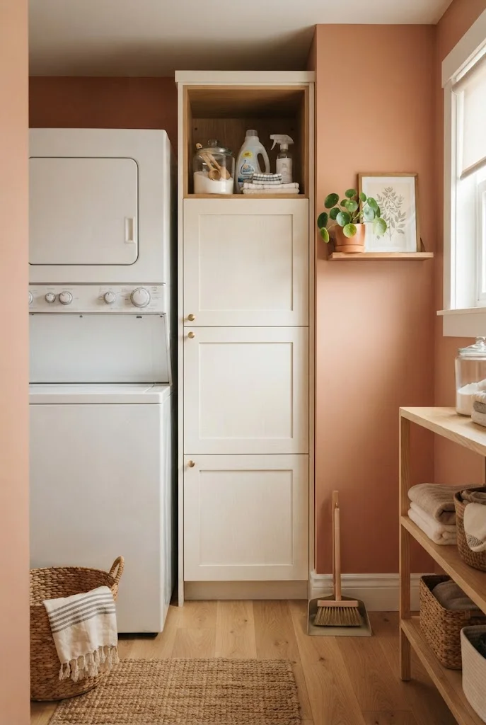Slim vertical cabinet maximizing storage in a narrow laundry room.