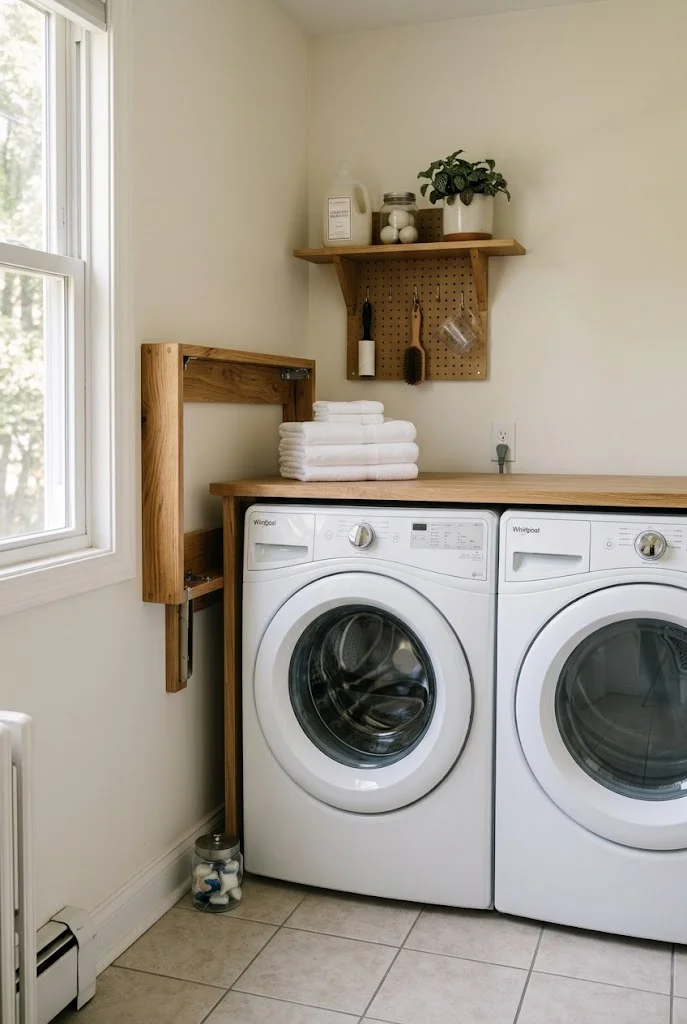 Small laundry room with a wall-mounted folding table beside the appliances.
