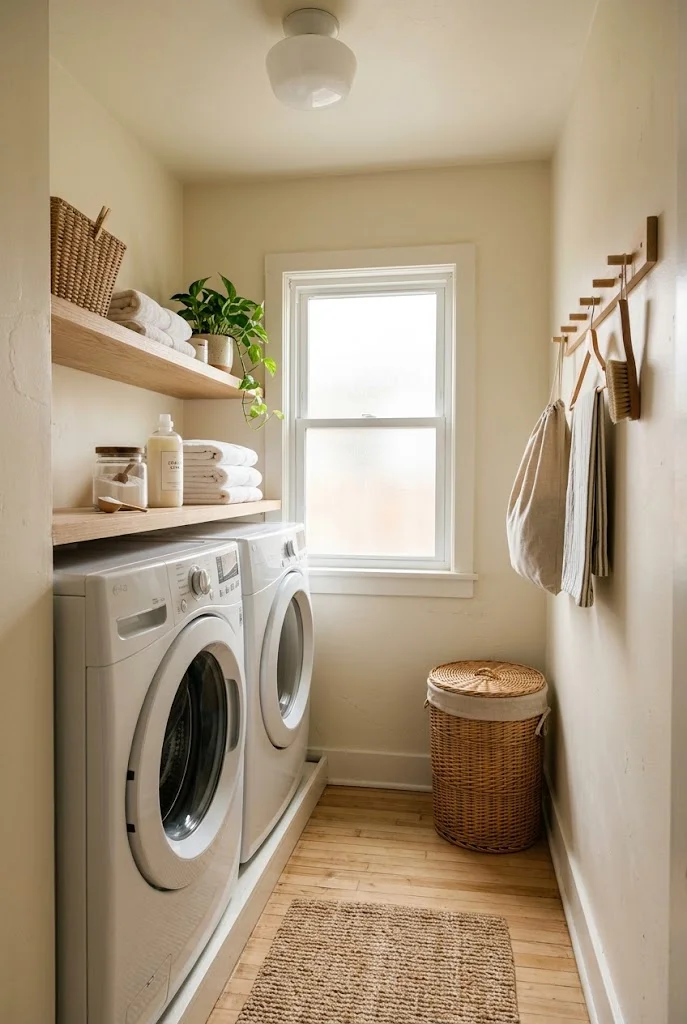 Small laundry room with light ivory walls, white appliances, and pale wood shelving.