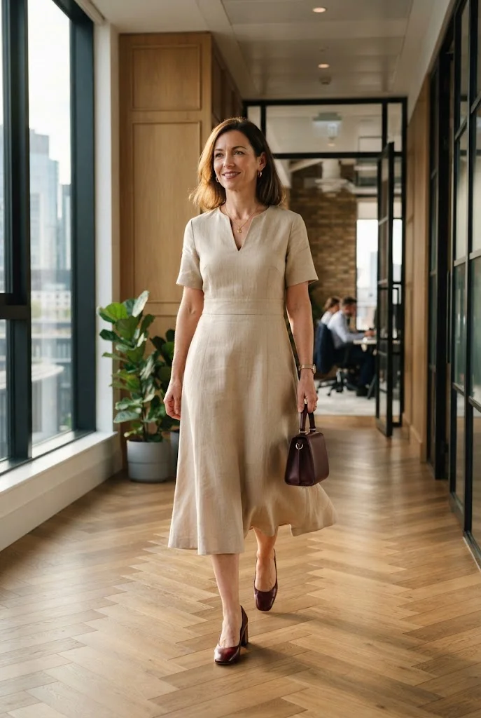 Structured beige midi dress paired with burgundy shoes for summer office style.