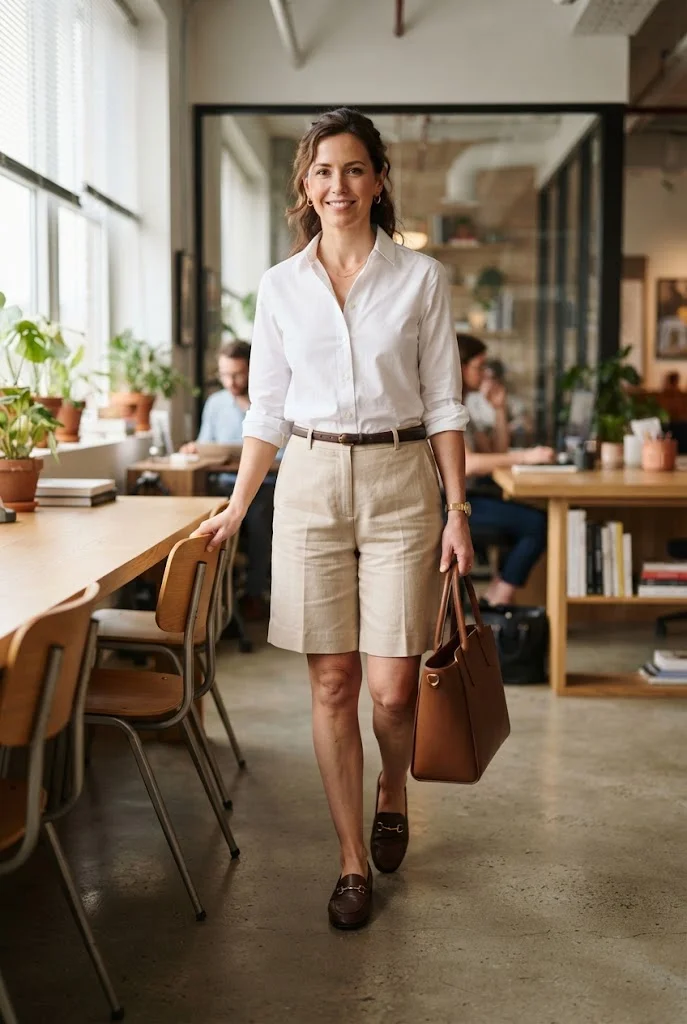 Tailored beige shorts and a crisp white poplin shirt for a relaxed summer office.