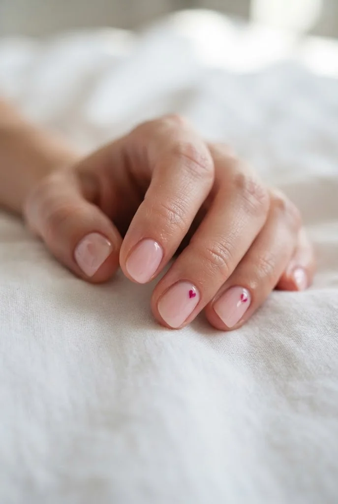 Translucent pink nails with tiny darker-pink heart accents.