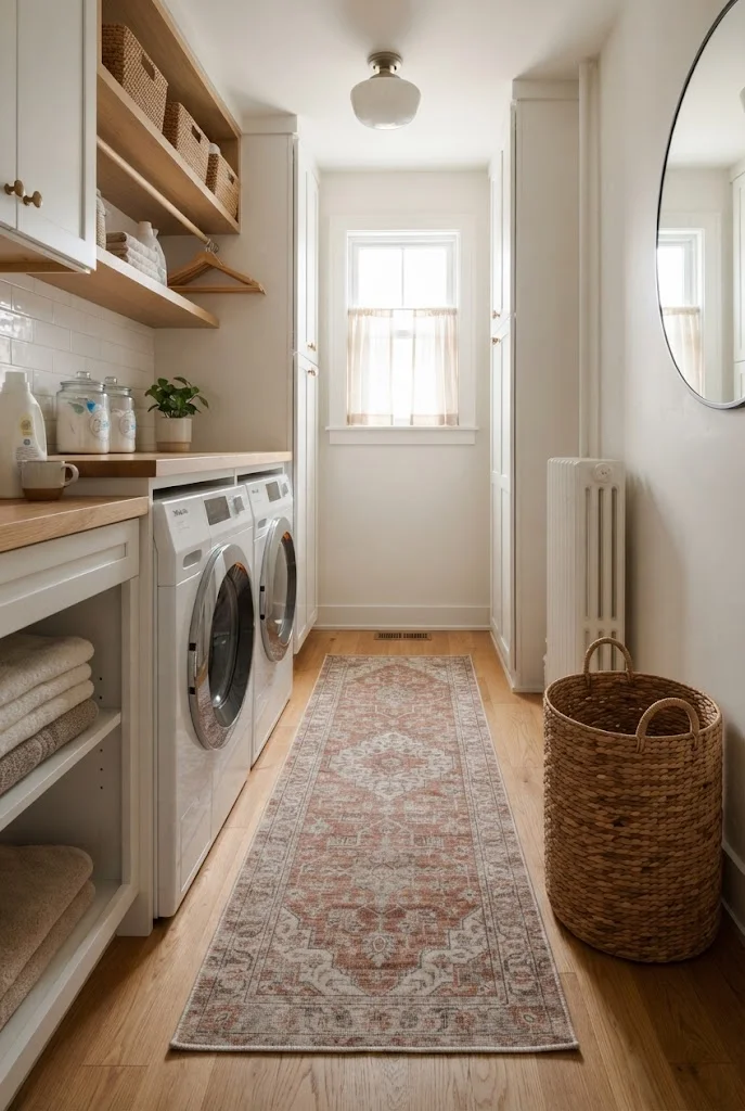 Washable patterned runner adding warmth to a narrow laundry room.