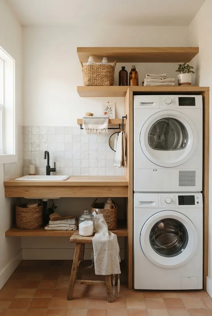 White laundry appliances paired with warm wood shelving and accents.