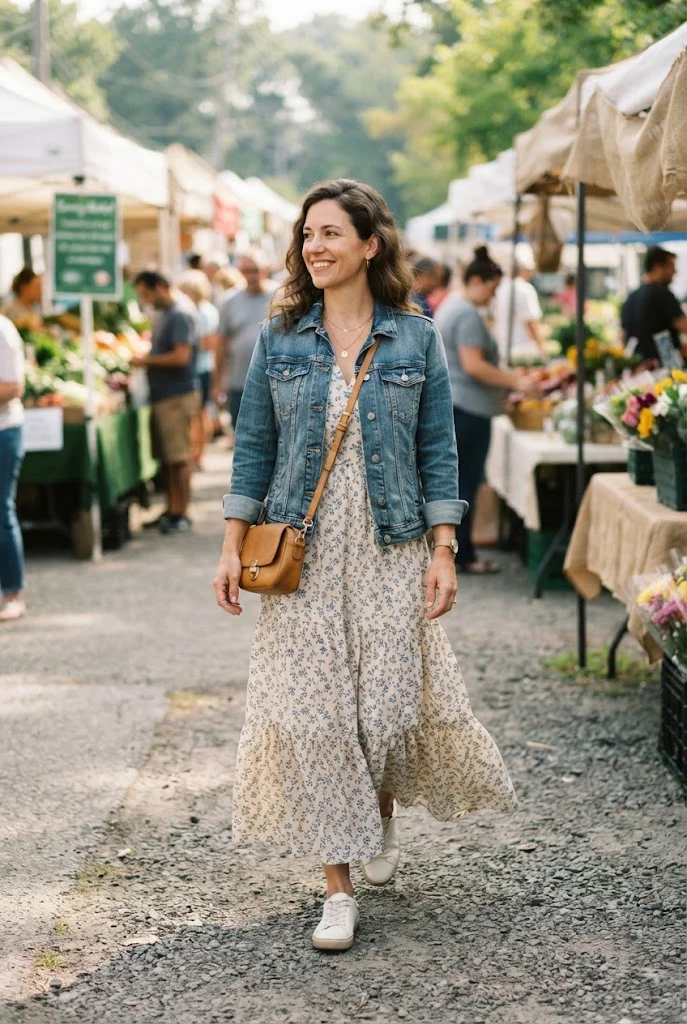 Woman in a printed tiered maxi dress with a lightweight denim jacket and sneakers.
