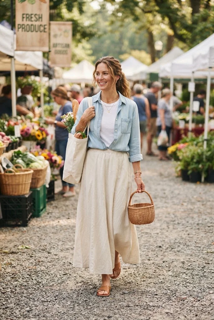 Woman wearing a cream cotton maxi skirt with a lightweight blue chambray shirt.