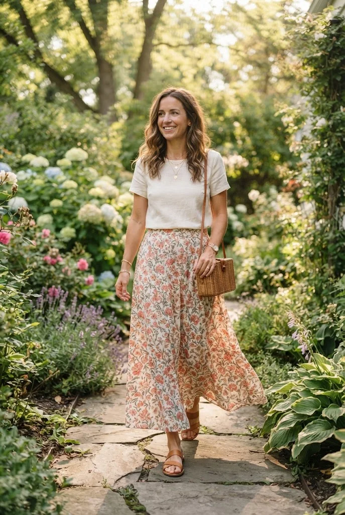 Woman wearing a floral maxi skirt with an ivory blouse and tan summer sandals.